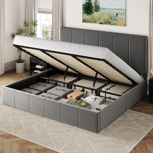 Allewie King Size Velvet Lift Up Storage Bed Frame, Vertical Channel Tufted Headboard, Hydrualic Underneath Storage, Upholstered Platform Bed, Wooden Slats Support, No Box Spring Needed, Gray