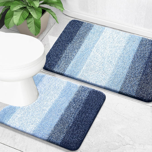 OLANLY Bathroom Rug Set 2 Piece, Soft Absorbent Microfiber Bath Mats and U-Shaped Contour Toilet Rug, Non-Slip, Machine Wash Dry, Plush Shaggy Bath Mats for Bathroom (24"x16"+24"x20", Navy)