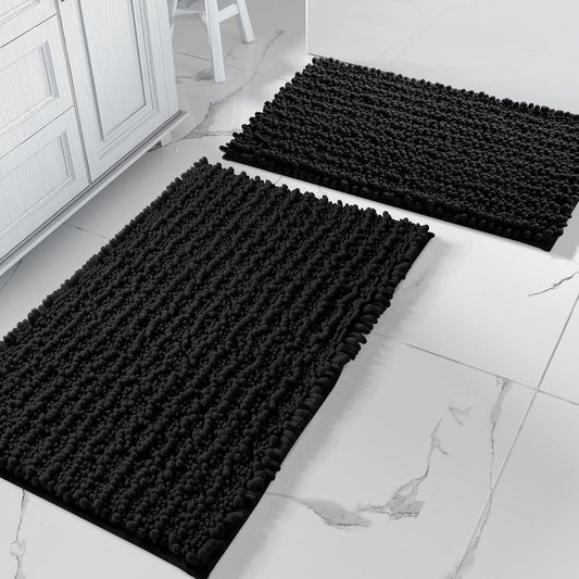 Yimobra Bathroom Rugs Sets 2 Piece - Quick Dry Extra Thick Luxury Chenille Bath Mat, Non Slip Super Absorbent for Tub Shower Sink, Machine Washable Shaggy Floor Mat, 32"x20"+24"x17" Inch, Black