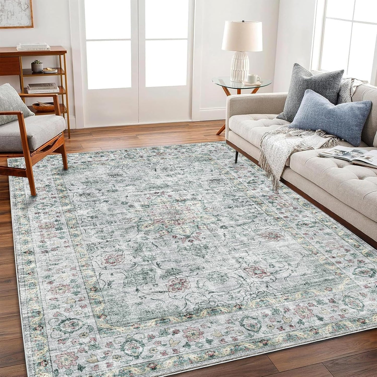 Washable Area Rug 4'x6' Traditional Floor Cover Foldable Thin Rugs Retro Kitchen Indoor Distressed Non Slip Carpet Floral Print Mat Bedroom Living Room