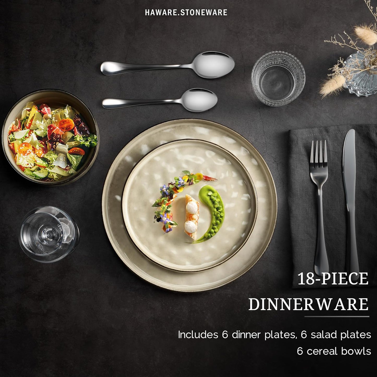 HaWare Dinnerware Sets, 18-Piece Plates and Bowls Set, Stoneware Dish Set for 6, Ceramic Dinnerware for Home Restaurant, Chip and Scratch Resistant, Microwave and Dishwasher Safe, Saturn Khaki
