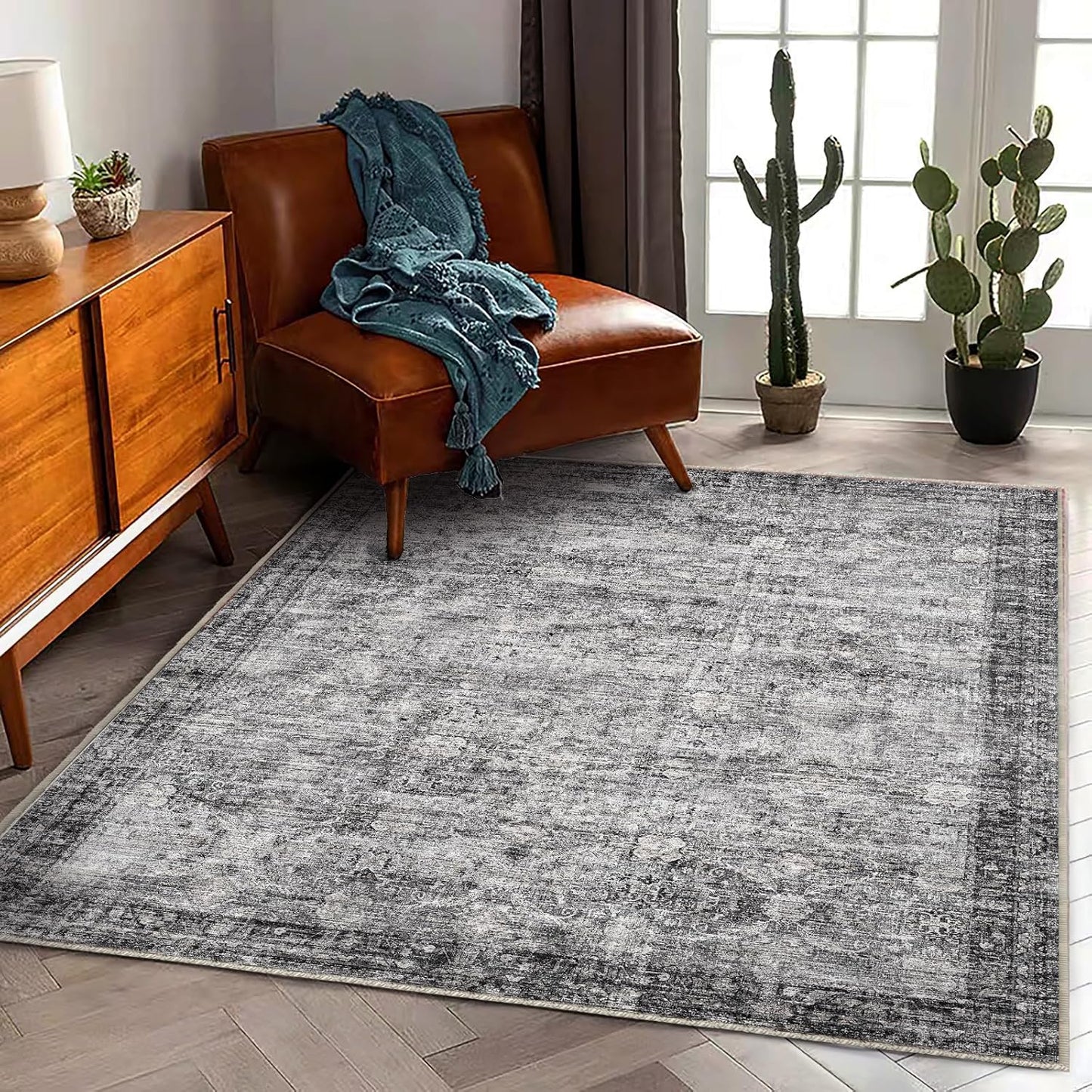 Area Rug 5'x7' Washable Rug Traditional Floor Cover Thin Retro Kitchen Indoor Distressed Non Slip Carpet for Living Room Bedroom Dining Room