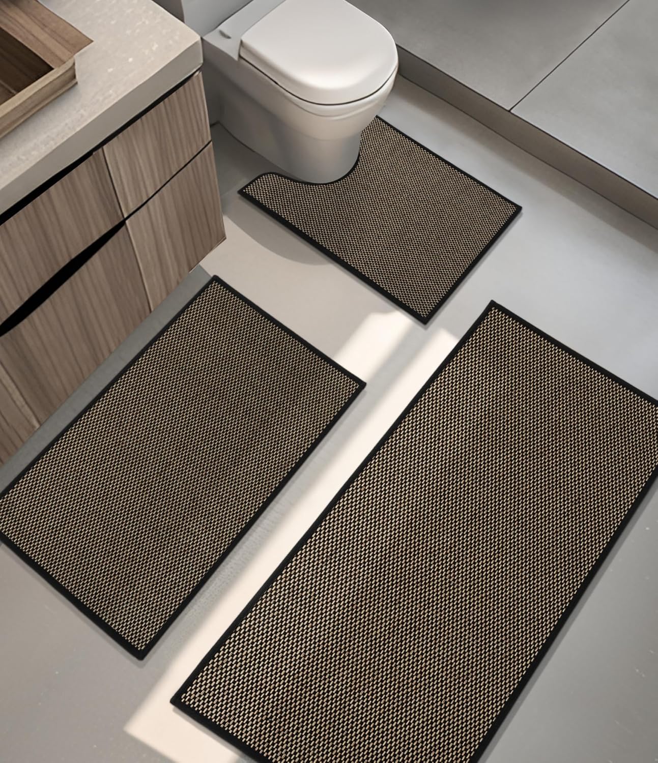 YIHOUSE Bathroom Rugs Sets 3 Pieces, Black Ultra Thin Bath Mats Fit Under Door, Absorbent Quickly Dry Rubber Backing Braided Bath Mat Set, Non Slip Washable Bath Rugs for Bathroom Floor, Black