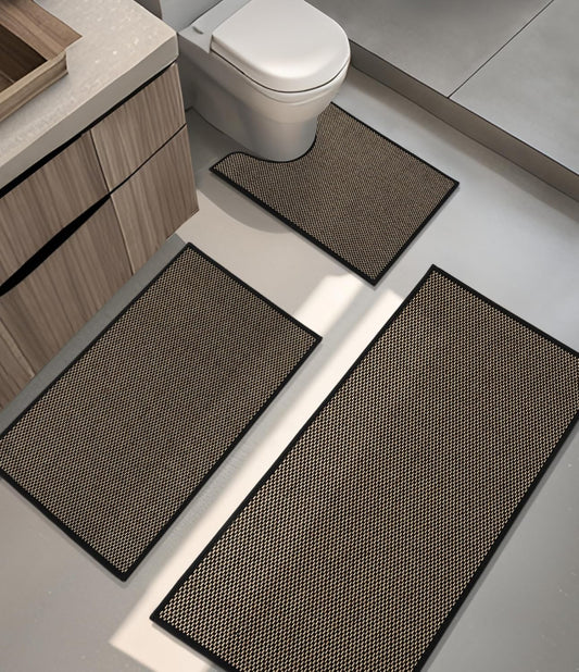 YIHOUSE Bathroom Rugs Sets 3 Pieces, Black Ultra Thin Bath Mats Fit Under Door, Absorbent Quickly Dry Rubber Backing Braided Bath Mat Set, Non Slip Washable Bath Rugs for Bathroom Floor, Black