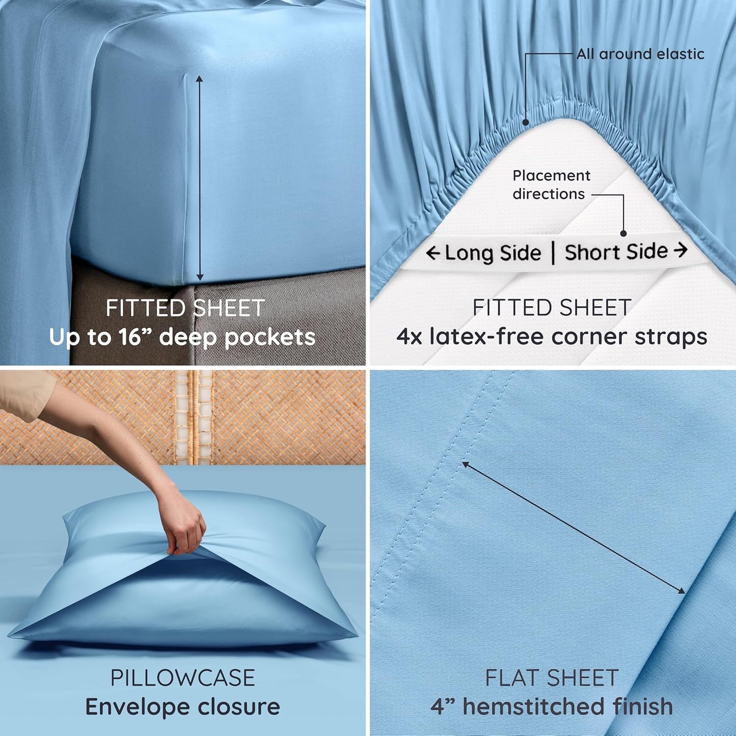 Bambaw 4pcs King Size Sheets Set – 100% Viscose Derived from Bamboo Sheets, Cooling Sheets King Size Deep Pocket Fits Up to 16'' with Elastic Corner Straps, Super Soft (Dream Blue)