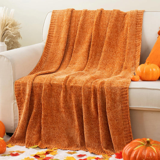 BATTILO HOME Orange Chenille Throw Blanket for Fall Decor, Fall Knit Throw Blankets, Soft Cozy Pumpkin Color Throw Blankets for All Seasons, 51"x67"