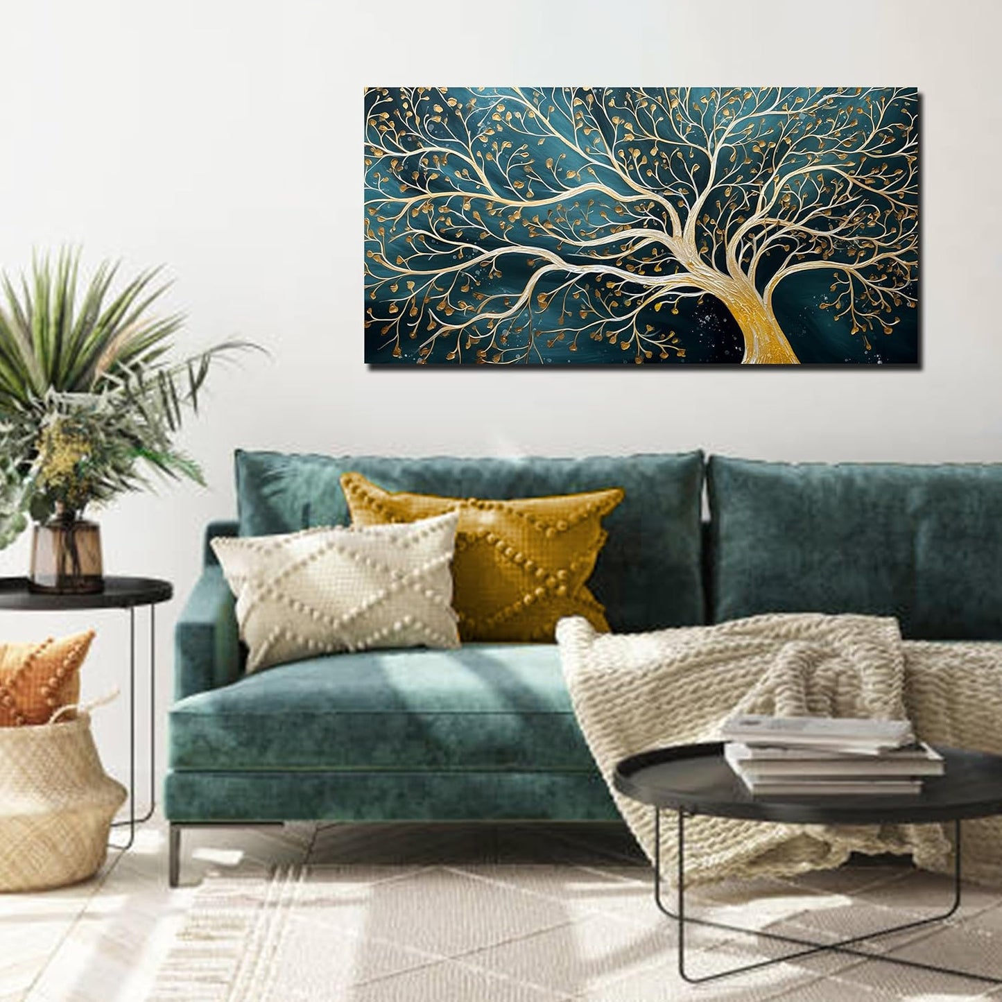 ENTANUB Tree Wall Art for Living Room, Abstract Canvas Wall Decor for Bedroom, Gold and Green Picture Print Artwork, Size 40 x 20 Inches