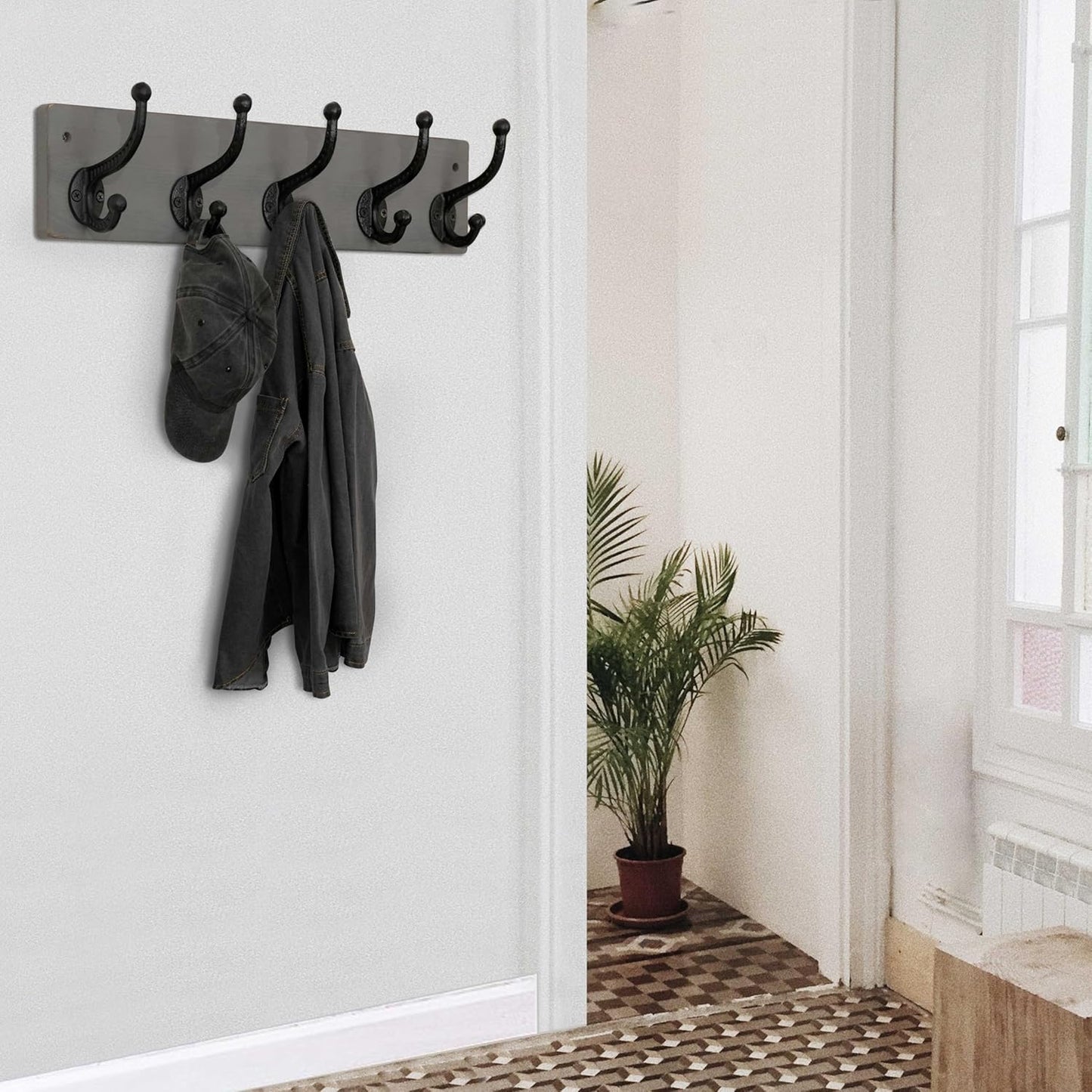 WEBI Rustic Coat Rack Wall Mount,5 Cast Iron Coat Hooks Wall Mounted Coat Hanger,Heavy Duty Vintage Hooks for Hanging Coats,Clothes,Jacket,Grey
