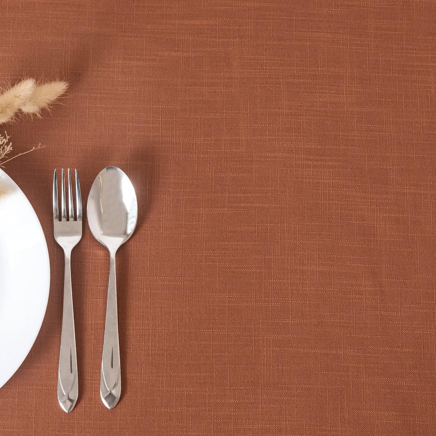 maxmill Lux Faux Linen Table Cloth with Slubby Texture Wrinkle Resistant Soft Anti-Shrink Tablecloth for Kitchen Dining Tabletop Fall Harvest Thanksgiving Parties Dinner Rectangle 52 x 70 Inch Rust
