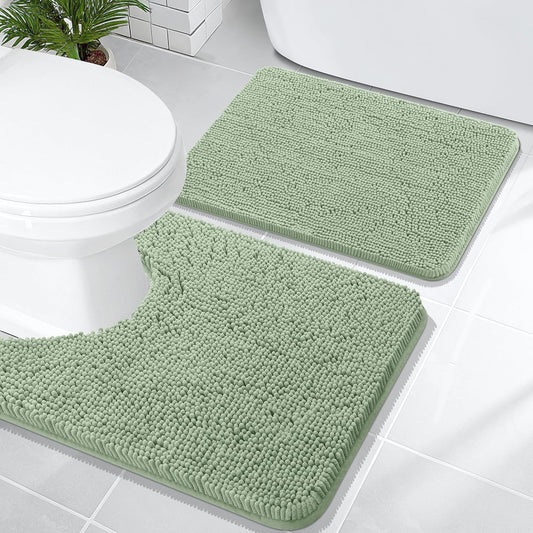 OLANLY Bathroom Rugs Sets 2 Piece, Soft Absorbent Chenille Bath Mats and U-Shaped Contour Toilet Mat Area Rug Set, Machine Washable Bath Carpet, Home Decor Accessories(24"x16"+24"x20", Sage Green)