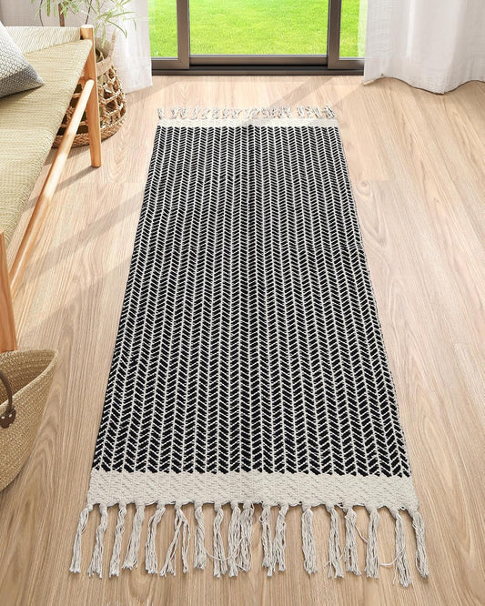 Lahome Boho Rugs for Entryway, 2x5 Laundry Room Rug Lightweigh Cotton Washable Runner Rug with Tassels, Farmhouse Black Bath Door Mats Indoor Non Shedding Runners for Hallways Bedroom