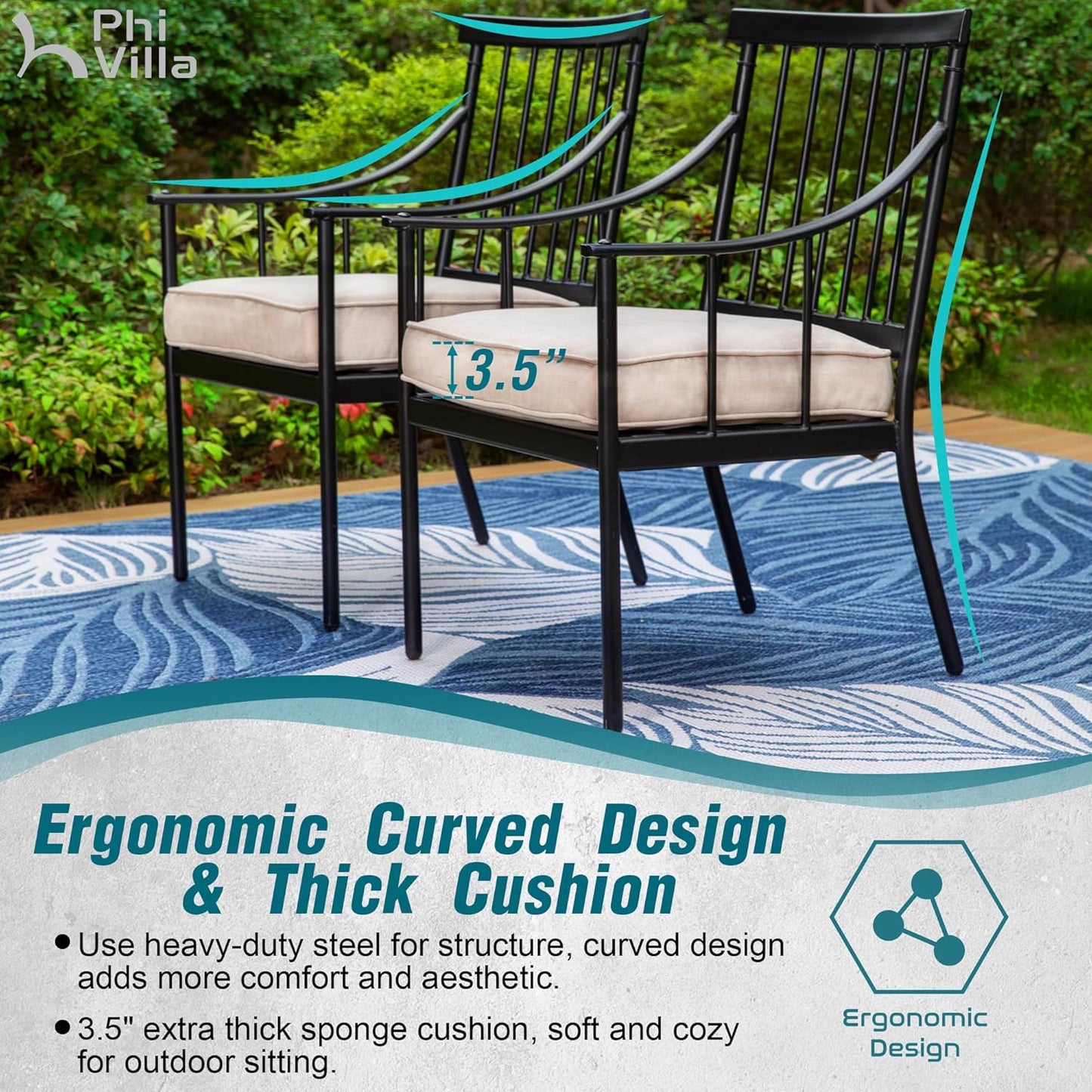 PHI VILLA 7 Pieces Patio Dining Table Set with Cushion for 6, Large Rectangular Metal Dining Table with Umbrella Hole & Cushioned Swivel Iron Chairs for Outdoor, Deck, Yard