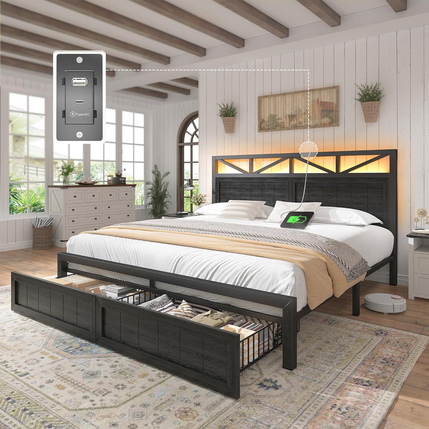 EnHomee Metal Queen Bed Frame with 2 Storage Drawers and Headboard Built in Charging Station & LED Light,NO Noise,No Box Spring Needed,Black