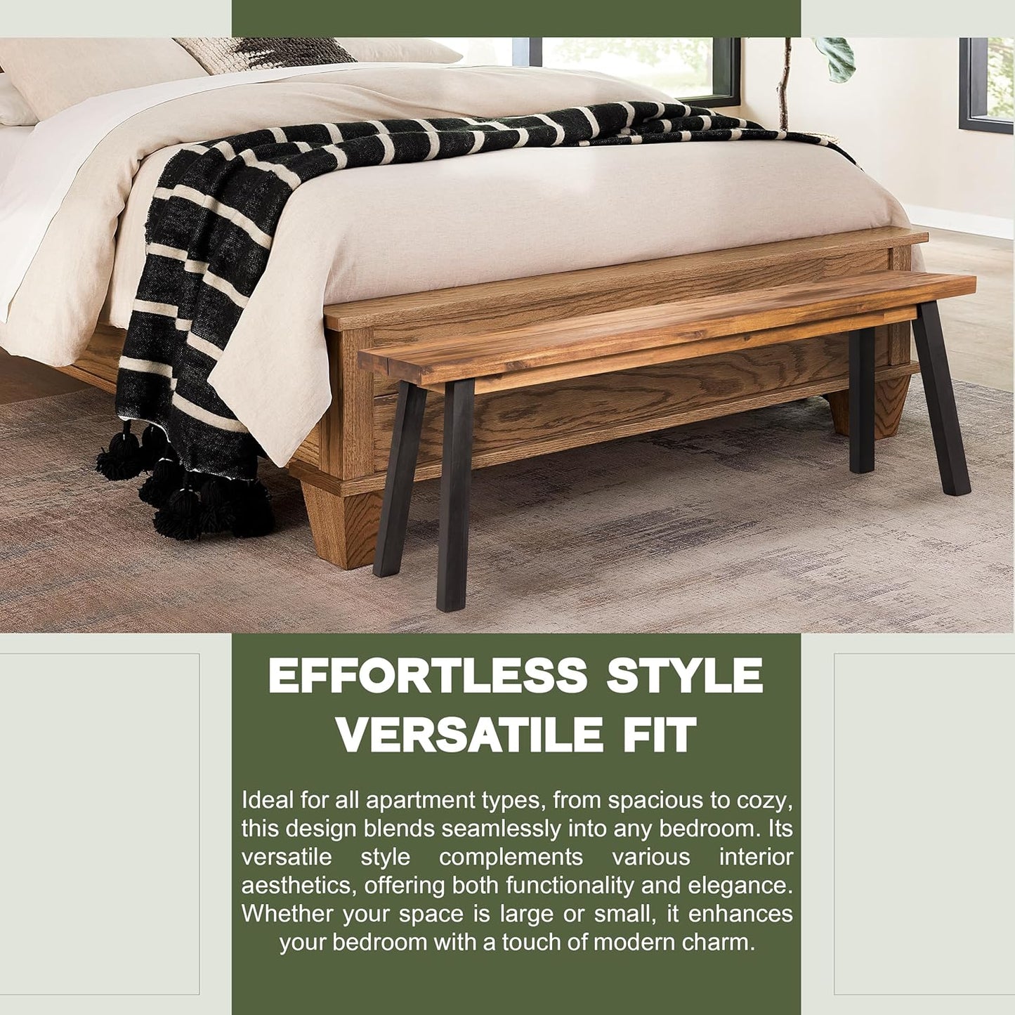 Solid Wood Bench - Minimalist Design, Acacia Wood Construction, Natural top-Black Leg Color, Versatile for Entryway,Living Room,Bedroom & Outdoors,Easy Assembly & Weather-Resistant