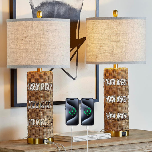 Boho Rattan Stylish & Functional & Versatile Decor USB Table Lamps Set of 2-28" Farmhouse Bedside Lights,Bulbs Included
