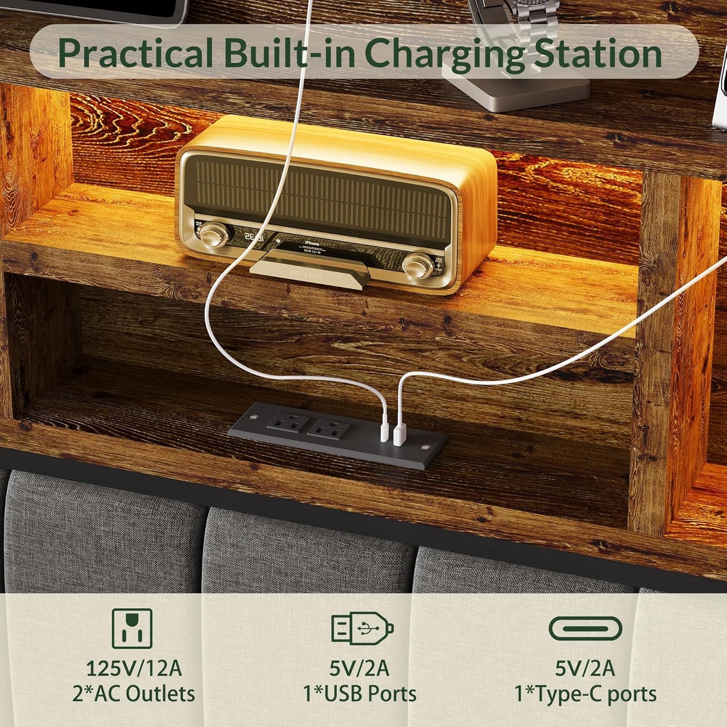 LARMACE King Bed Frame with 6 Storage Drawers, Bed Frame King Size with Linen Upholstered Headboard, Built in Charging Station and LED, No Noise, Metal Support, No Box Spring Needed,Vintage Brown