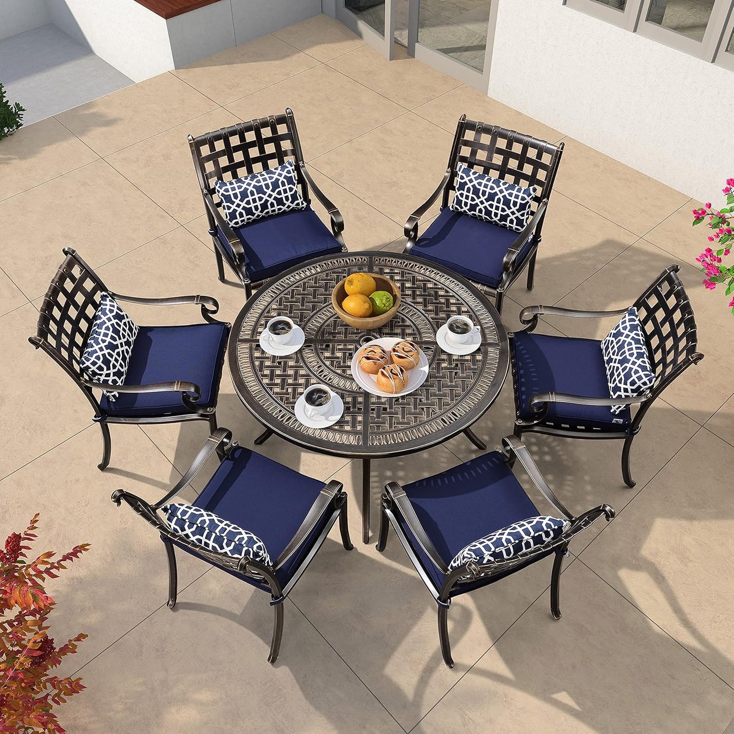 PURPLE LEAF 7 Pieces Patio Dining Set Cast Aluminum Patio Furniture with 6 Armchairs and 47" Round Table, Cushion and Pillow Included, for Lawn Yard Garden Outdoor Dining Set, Navy Blue