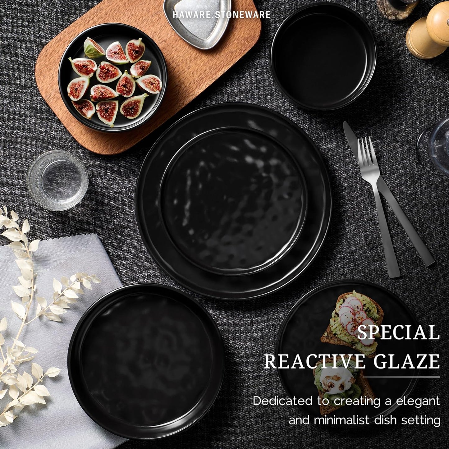 HaWare Dinnerware Sets, 12-Piece Plates and Bowls Set, Stoneware Dish Set for 4, Ceramic Dinnerware for Home Restaurant, Chip and Scratch Resistant, Microwave and Dishwasher Safe, Matte Black