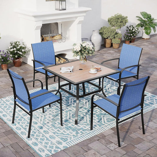 5 Piece Patio Dining Set for 4, 37”x37” Square Table (PVC Wood-Like Table Top) with 1.57" Umbrella Hole, 4 Metal Blue Chairs, Outdoor Table and Chairs Set for Lawn Backyard and Deck