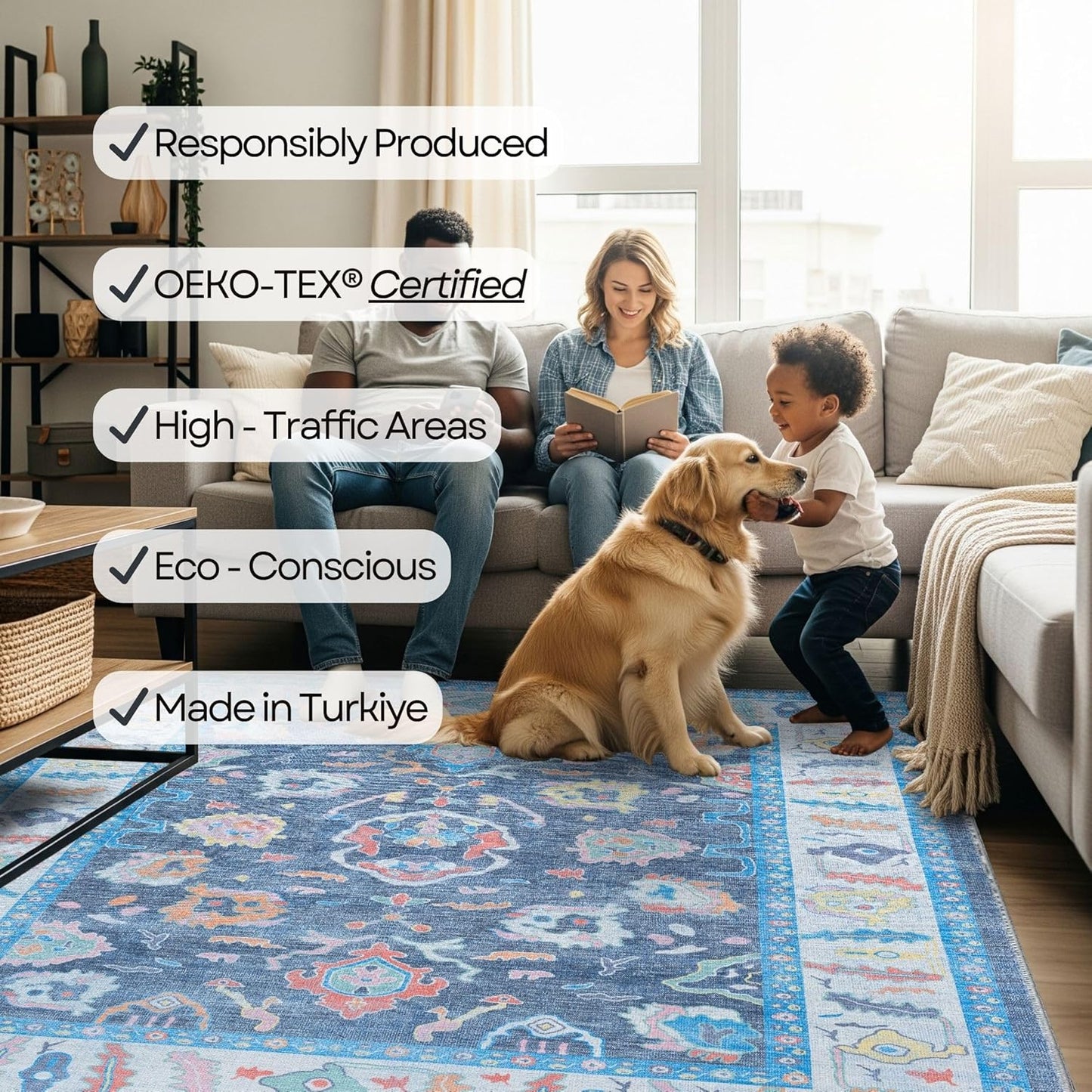 Fame Rugs Blue Modern Oushak Rug 2x3, Vintage Doormat Turkish Colorful Oriental Antique Inspired Washable Small Area Rug, Luxury Living Room Bedroom (387BNB, 2' x 3')