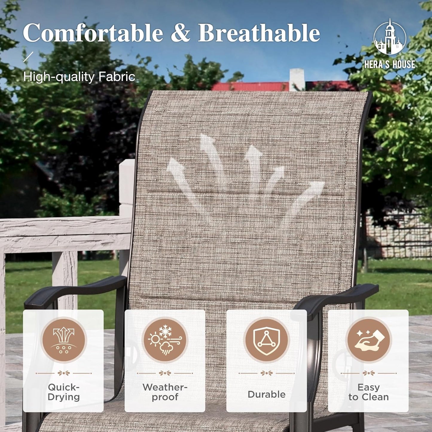 HERA'S HOUSE 5 Pieces Patio Dining Set, Outdoor Dining Set for 4, 4 x Testilene Dining Chair, 1 x 42” Round Metal Dining Table, for Lawn Garden Backyard