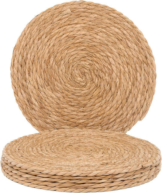 GENMOUS Woven Placemats Set of 6, 12" Round Placemats Natural Water Hyacinth Boho Placemats, Farmhouse Rattan Chargers for Dinner Plates, Rustic Braided Wicker Table Mats for Dining Table,Home,Wedding