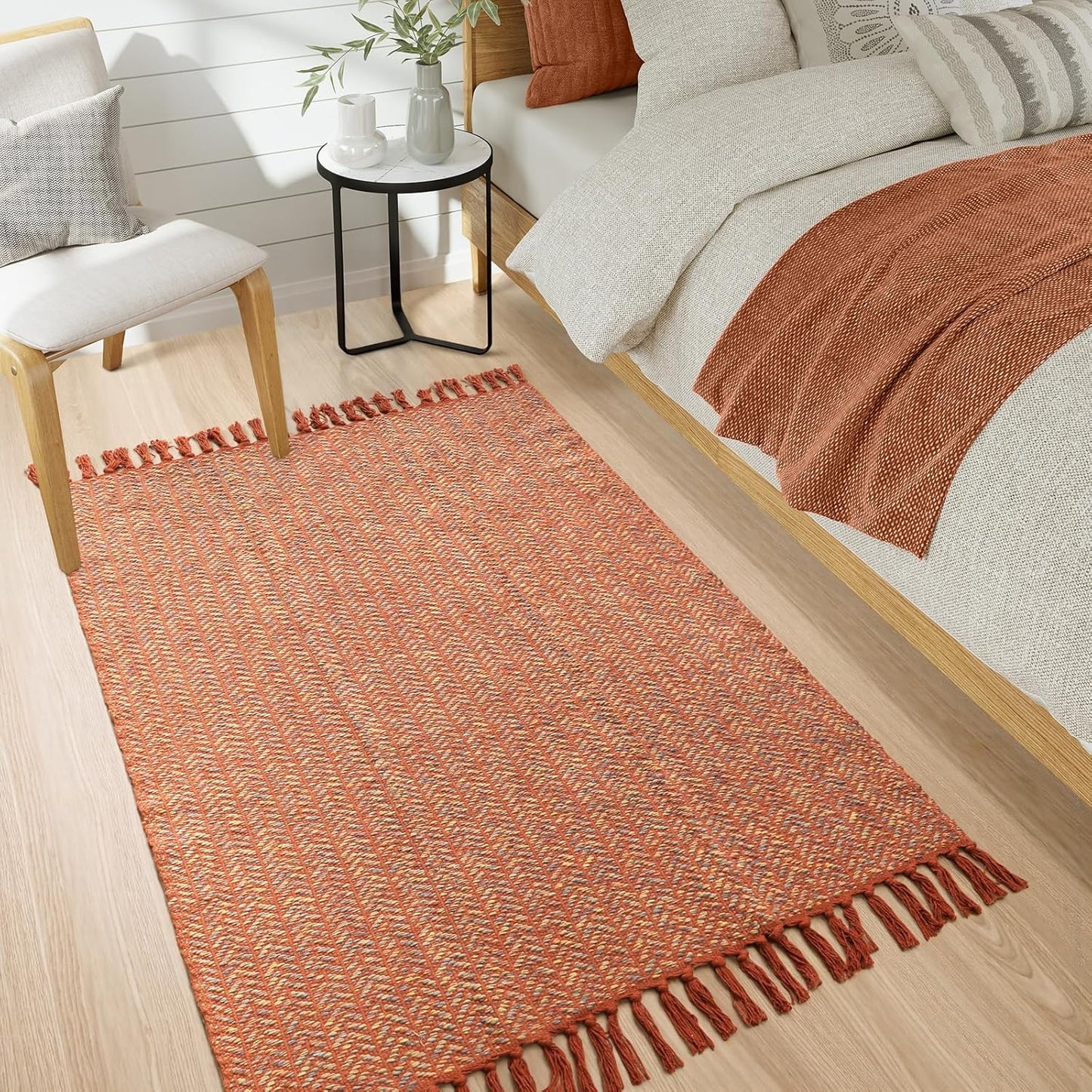 Lahome Boho Kitchen Rug, 3x5 Fall Rugs for Bedroom Lightweight Bathroom Area Rug Woven Indoor Door Mats for Entryway with Tassels, Farmhouse Throw Rug Non Shedding Floor Carpet for Office Dorm