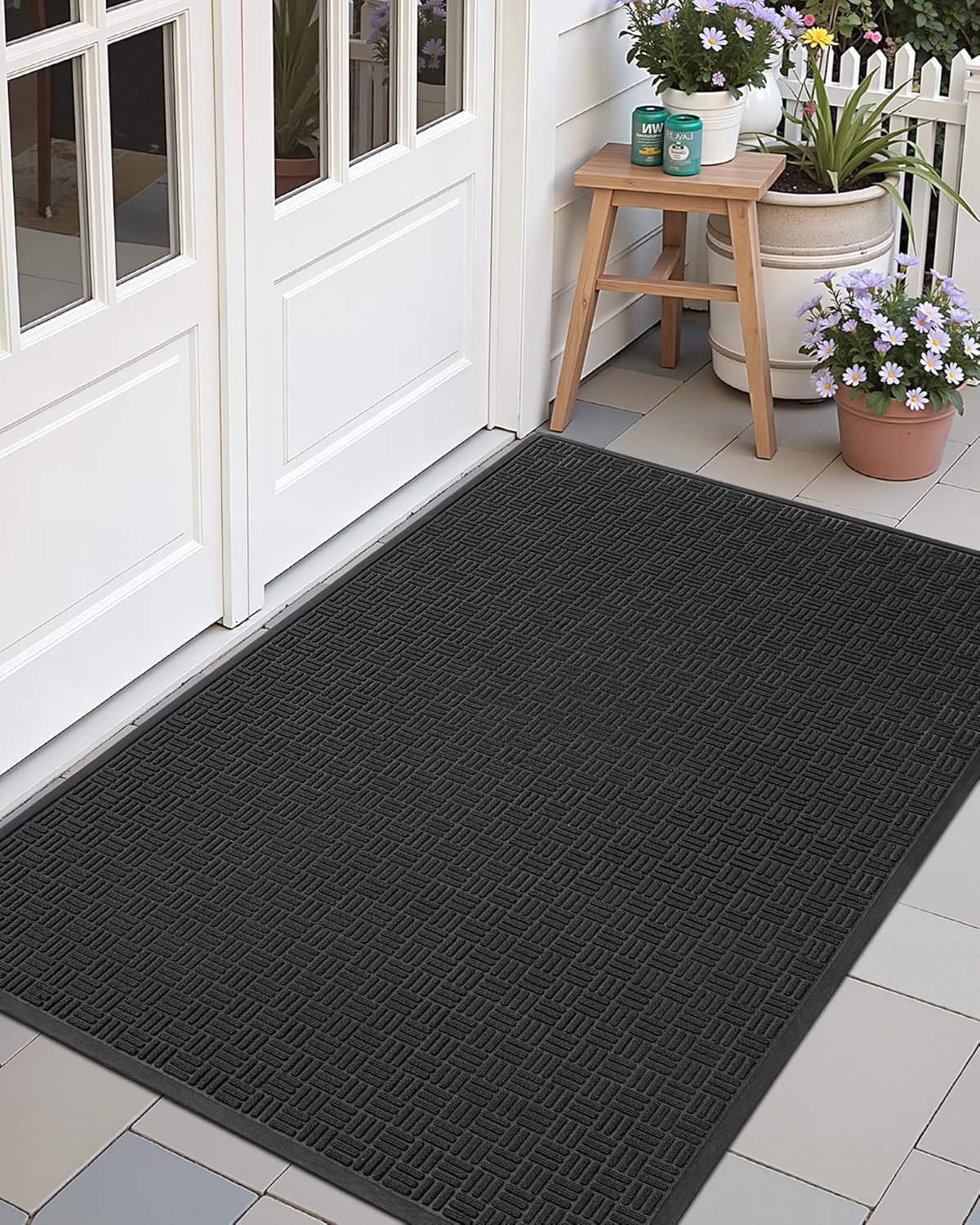 Color&Geometry Large Front Door Mat Outside Entrance, Heavy Duty Non Slip Low Profile Doormat for Entryway, Trap Dirt and Moisture Welcome Mats All-Weather, Easy Clean, Patio, Garage, 48"x72" Black