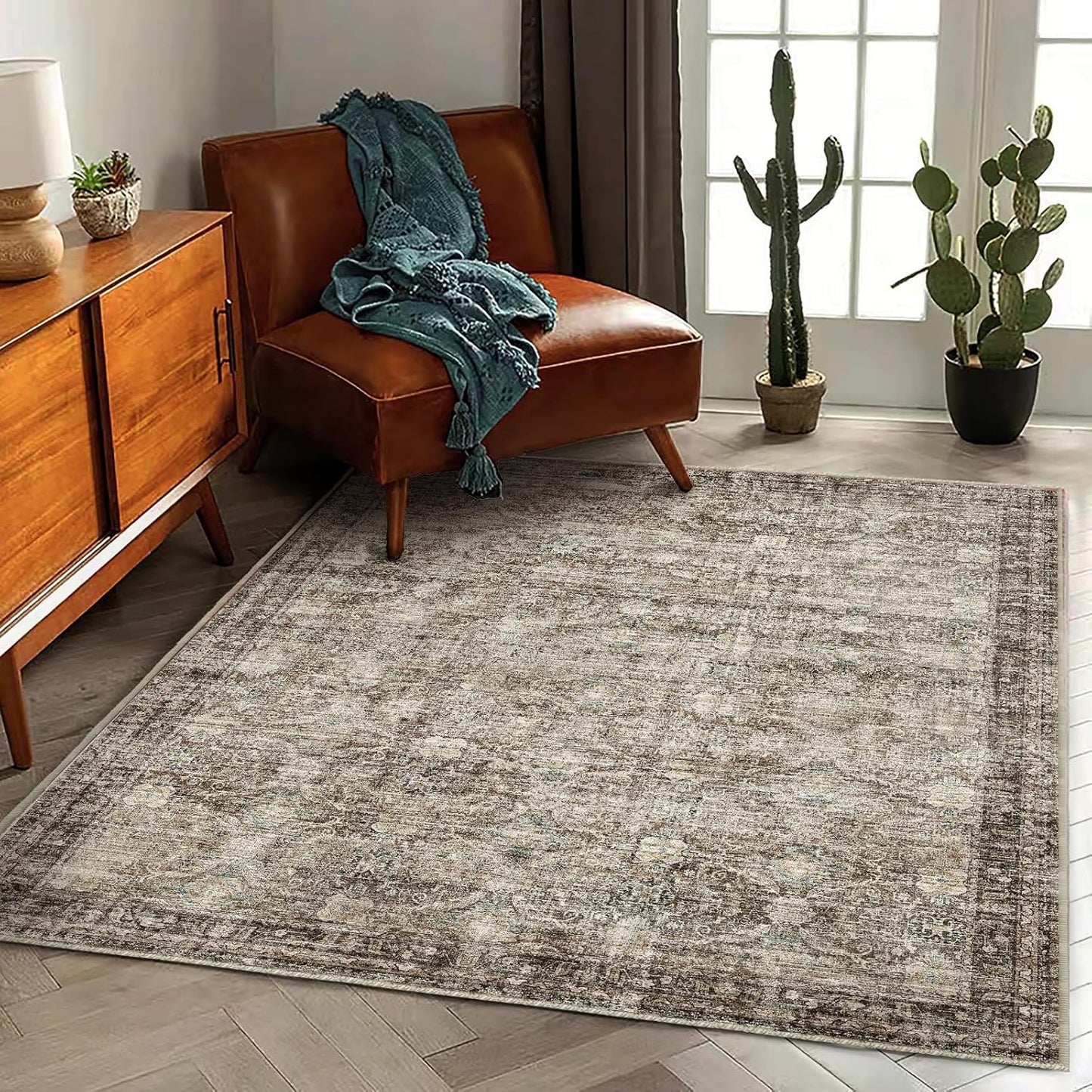 Washable Area Rug 4'x6' Vintage Traditional Floor Cover Foldable Thin Rugs Retro Kitchen Indoor Distressed Non Slip Carpet Floral Print Mat Bedroom Living Room