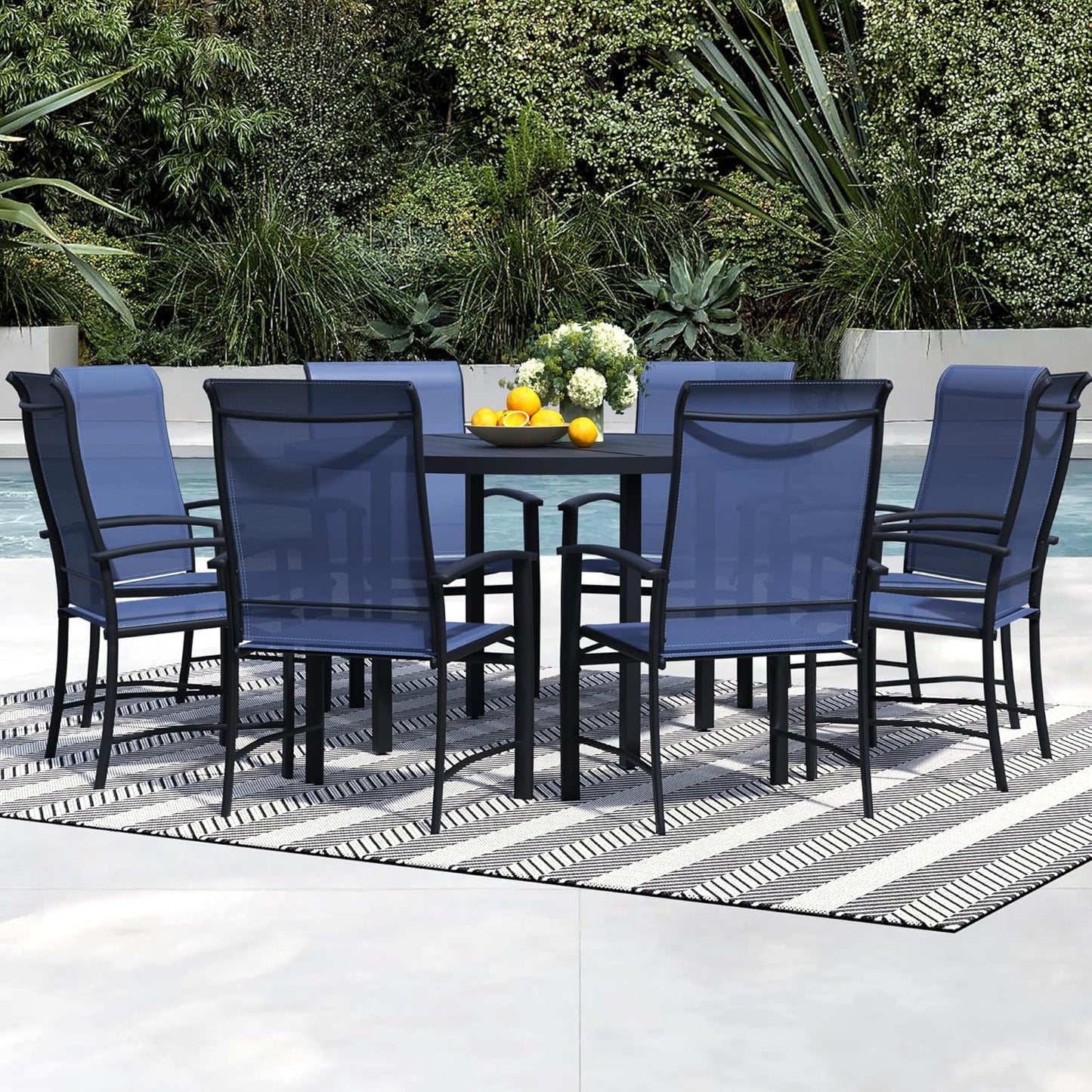 9 Piece Outdoor Dining Set, Patio Table and Chairs Set of 8, 60" Black Round Patio Table with 8 Blue Outdoor Patio Chairs for Lawn, Garden, Porch