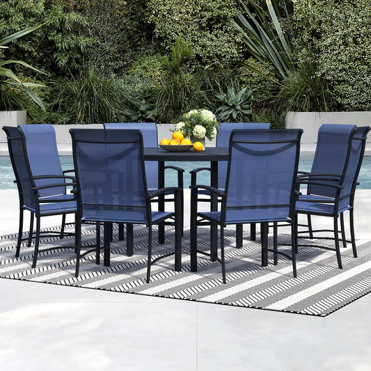 9 Piece Outdoor Dining Set, Patio Table and Chairs Set of 8, 60" Black Round Patio Table with 8 Blue Outdoor Patio Chairs for Lawn, Garden, Porch
