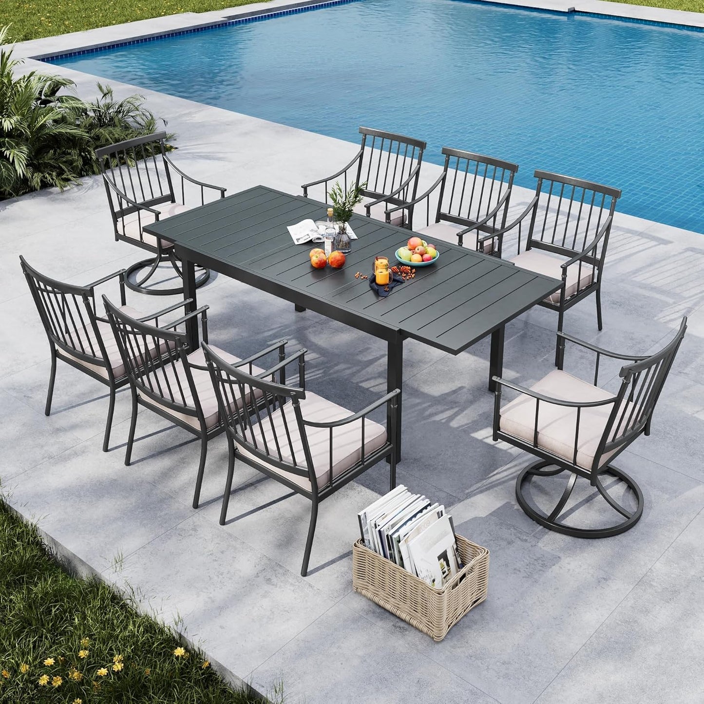 MFSTUDIO Patio Dining Set for 8, Expandable Patio Table and Chairs Set, 9 Piece Metal Outdoor Dining Set, Outdoor Patio Furniture Set for Deck Backyard Poolside Garden