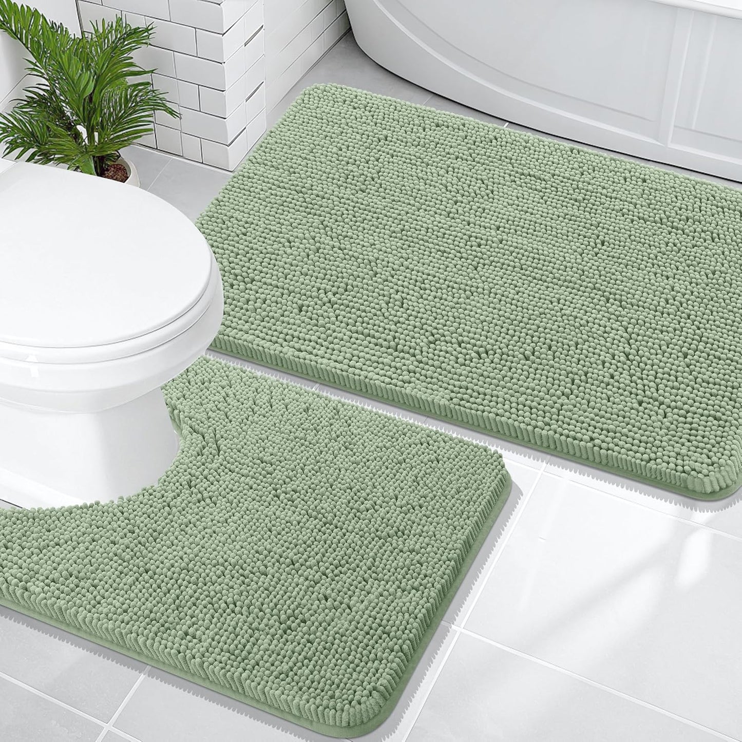 OLANLY Bathroom Rugs Sets 2 Piece, Soft Absorbent Chenille Bath Mats and U-Shaped Contour Toilet Mat Area Rug Set, Machine Washable Bath Carpet, Home Decor Accessories(36"x24"+24"x20", Sage Green)