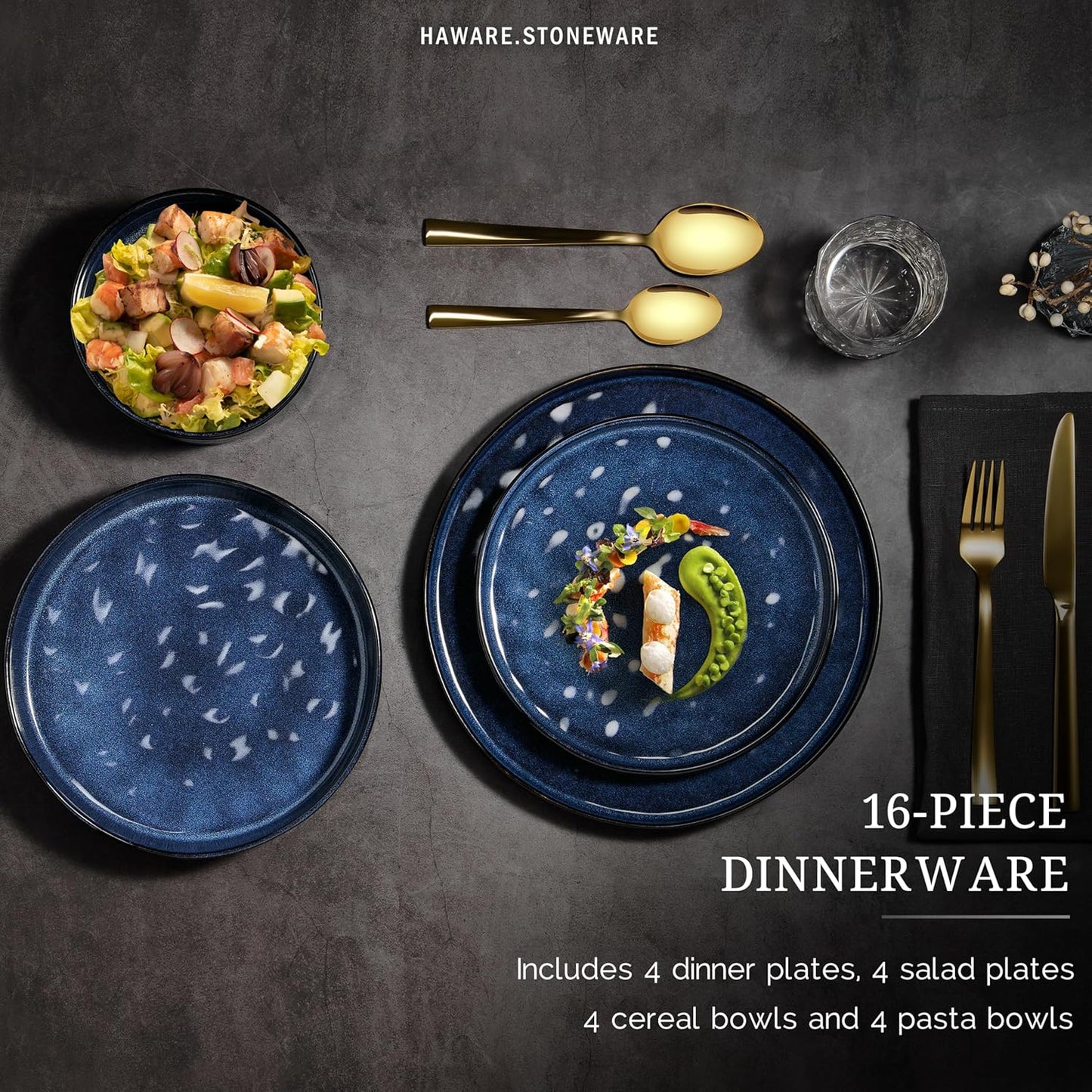 HaWare Dinnerware Sets, 16-Piece Plates and Bowls Set, Stoneware Dish Set for 4, Ceramic Dishware Set for Pasta Cereal, Chip and Scratch Resistant, Microwave and Dishwasher Safe, Reactive Starry Blue