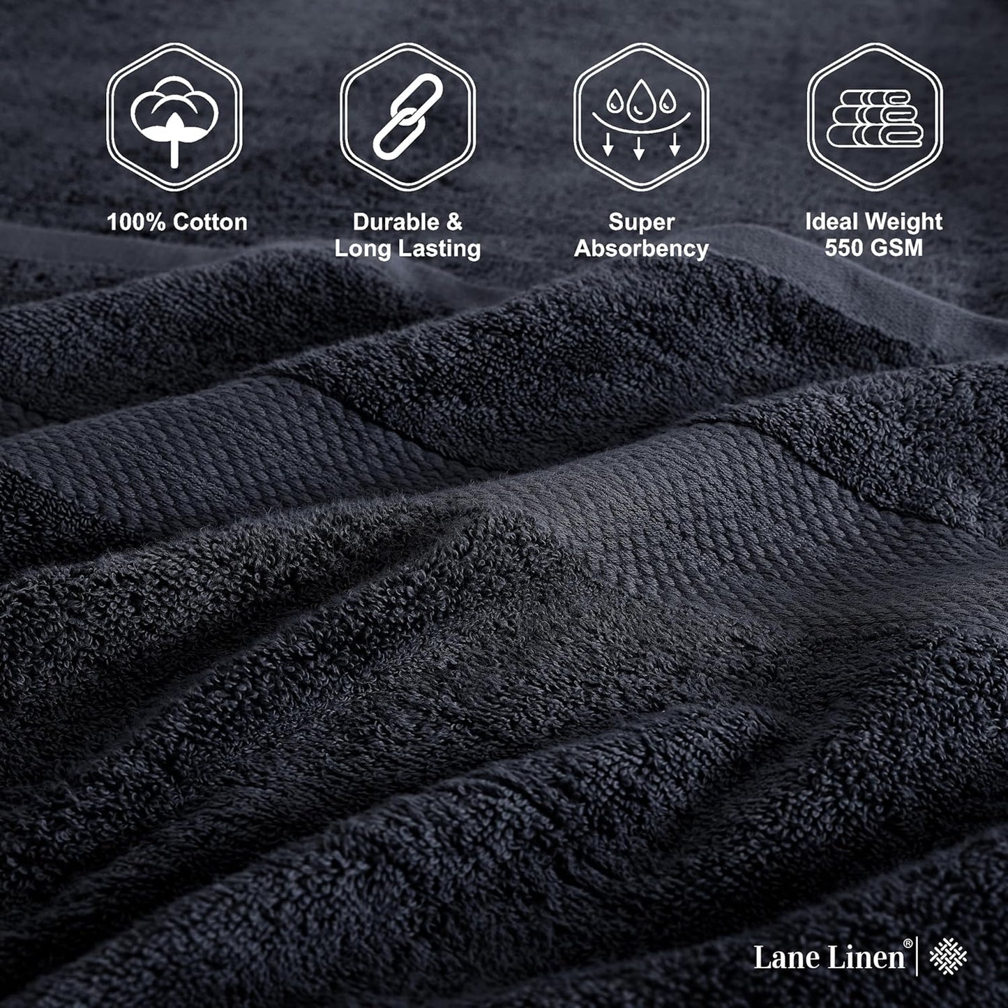 LANE LINEN 100% Cotton Luxury Towel Set for Bathroom - 16 Pieces, Ring Spun - Super Plush, Very Soft & Absorbent - 4 Bath Towels, 8 Washcloths, 4 Hand Towels - Suitable for All Skin Types - Black