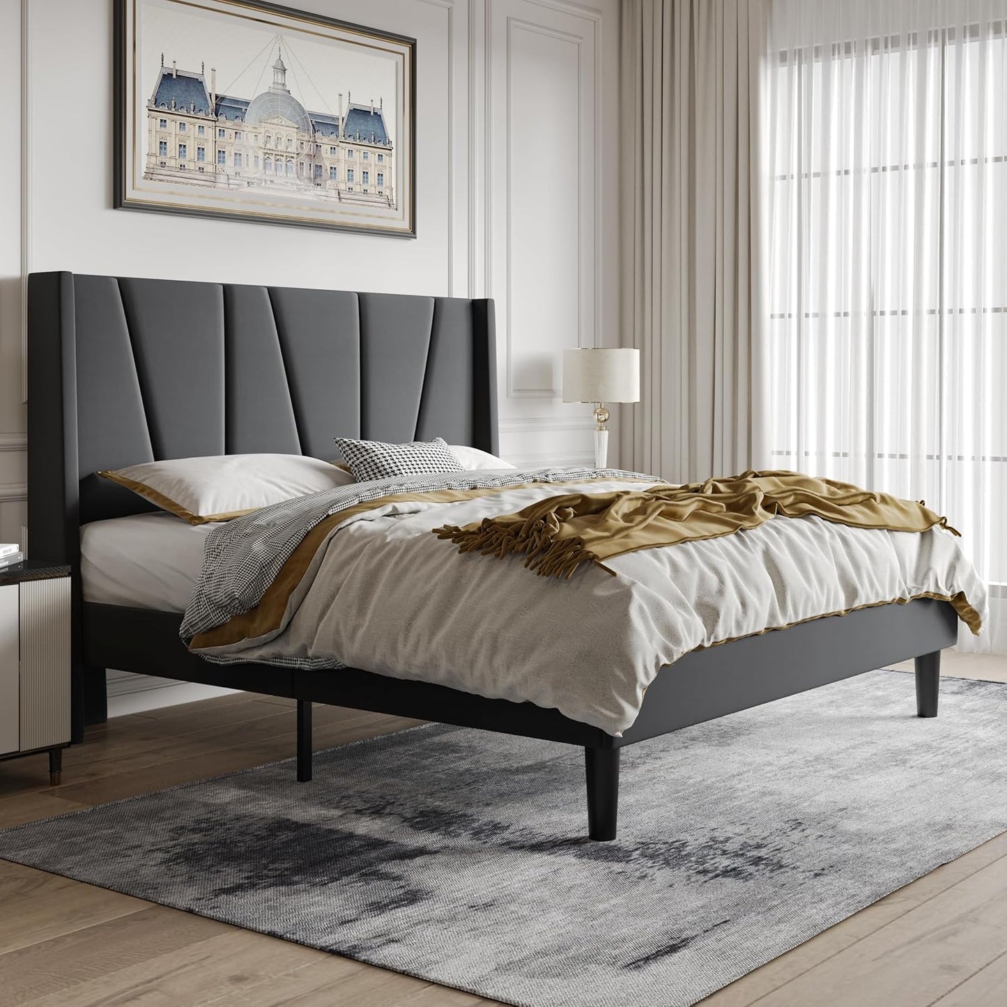 HOOMIC Full Size Upholstered Platform Bed Frame with Modern Geometric Wingback Headboard, Wooden Slats, No Box Spring Needed, Mattress Foundation, Dark Grey