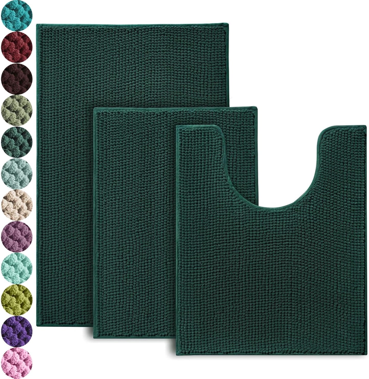 Urvoix Bathroom Rugs Sets 3 Piece, Non-Slip Chenille Bath Rug - Ultra Soft, Washable, Super Absorbent Bath Mat for Bathroom, Toilet and Tub (Dark Green)