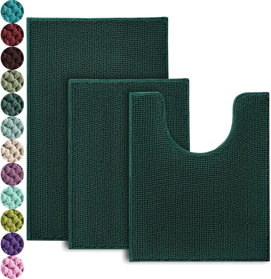 Urvoix Bathroom Rugs Sets 3 Piece, Non-Slip Chenille Bath Rug - Ultra Soft, Washable, Super Absorbent Bath Mat for Bathroom, Toilet and Tub (Dark Green)