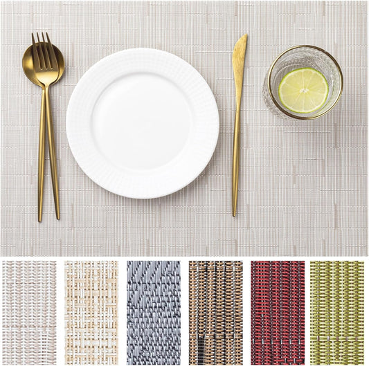 LEXMORE Placemats Set of 12 Vinyl/Plastic Woven Place Mats for Kitchen Table Indoor/Outdoor Washable Placemat Wipeable Dining Table Mats(Pale Beige)