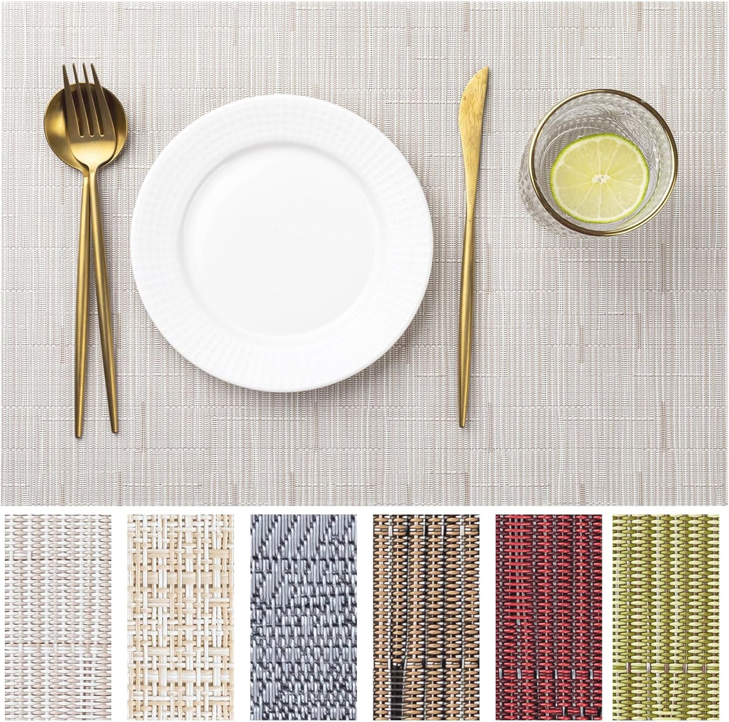 LEXMORE Placemats Set of 8 Vinyl/Plastic Woven Place Mats for Kitchen Table Indoor/Outdoor Washable Placemat Wipeable Dining Table Mats(Pale Beige)