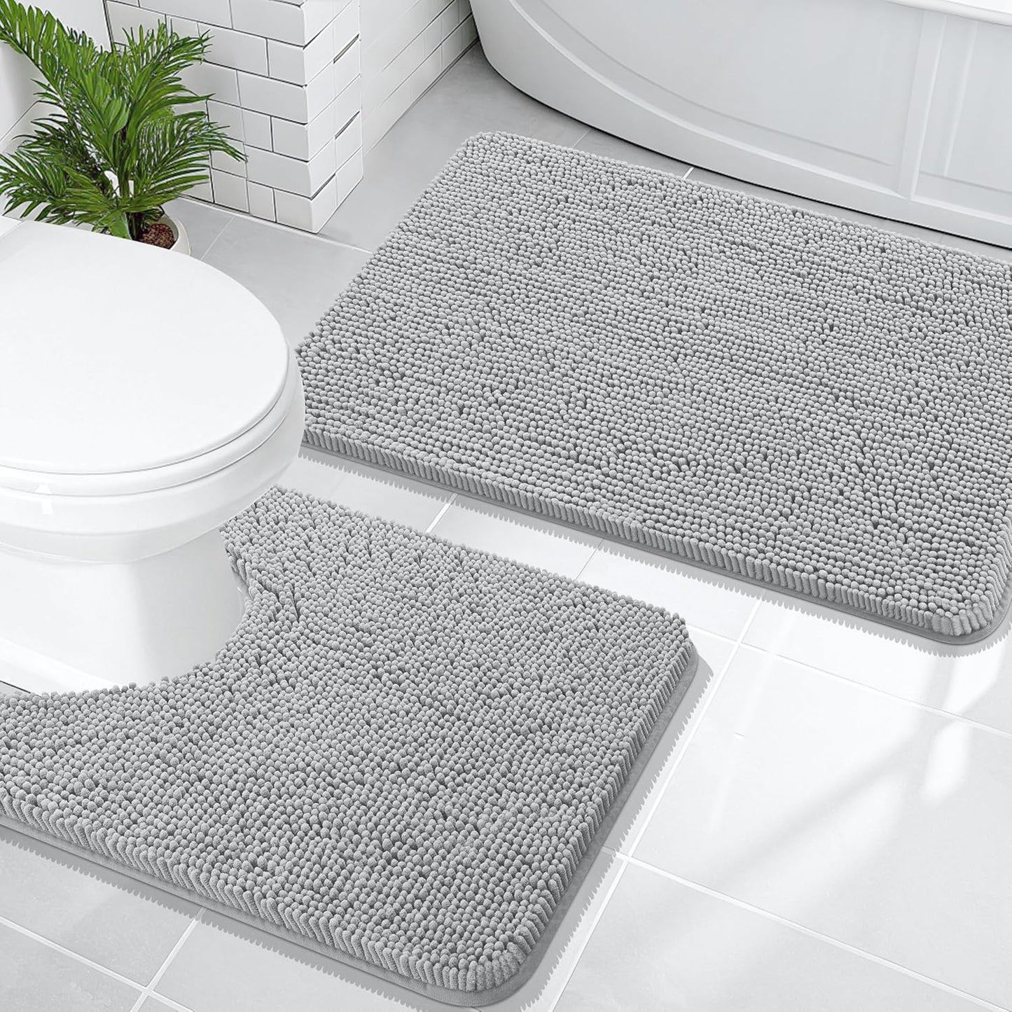 OLANLY Bathroom Rugs Sets 2 Piece, Soft Absorbent Chenille Bath Mats and U-Shaped Contour Toilet Mat Area Rug Set, Machine Washable Bath Carpet, Home Decor Accessories(30"x20"+24"x20", Light Grey)