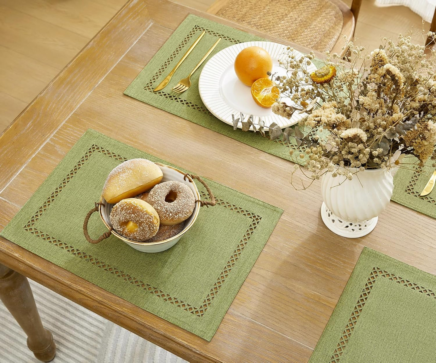 Burlap Placemats Set of 6, 12 x 18 Inch Rustic Geometric Hollow Place Mats, Heat Resistant Placemats for Farmhouse Kitchen Table Decor, Sage Green 6PCS