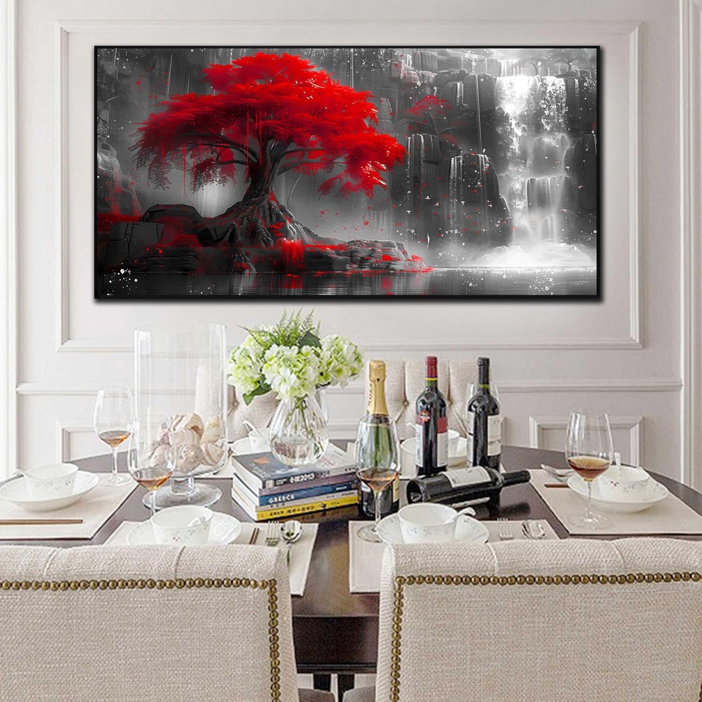 Tree Wall Art for Living Room, Waterfall Wall-Decor for Bedroom, Black White and Red Canvas Print, Large Size 29x59 Inches Framed