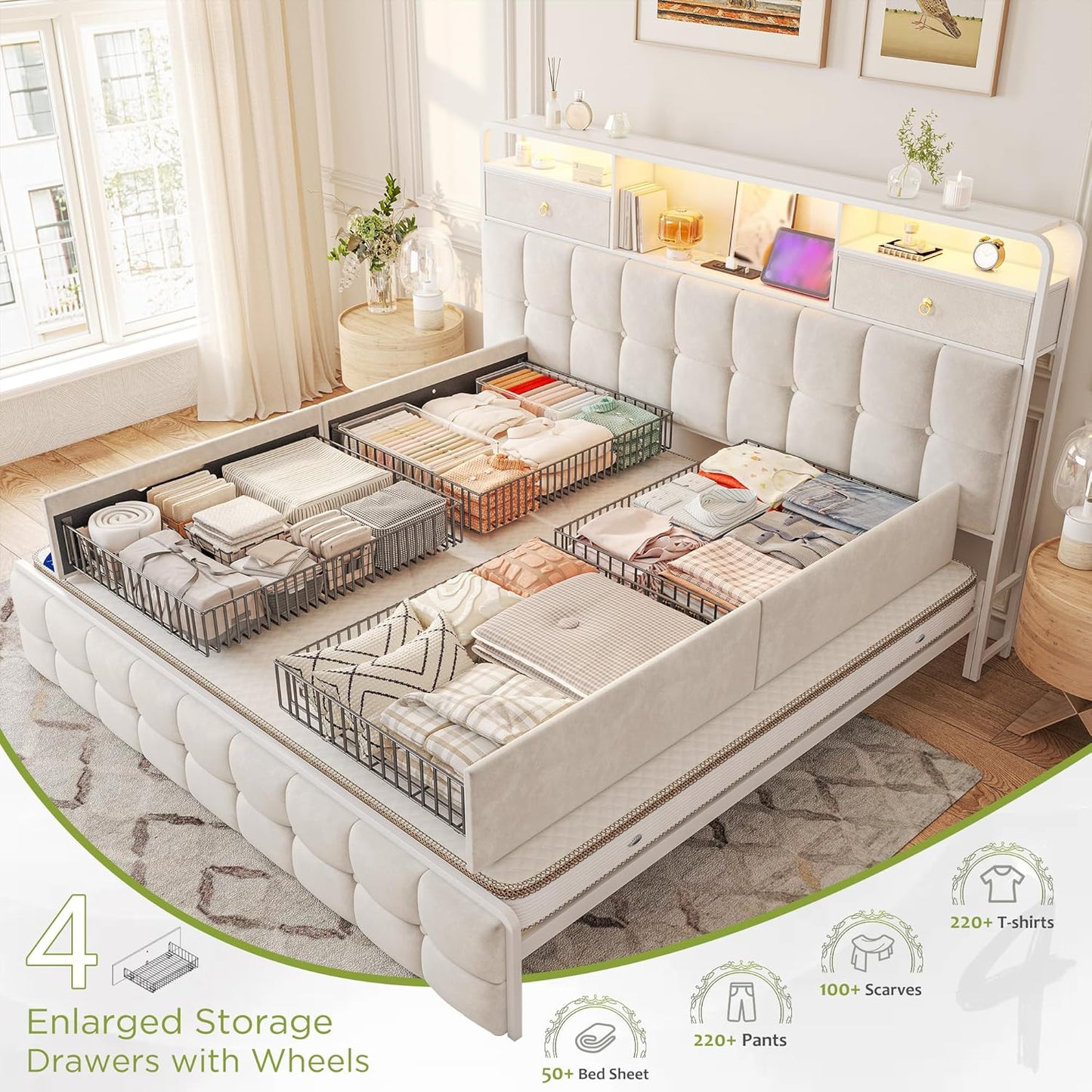 EnHomee King Size Bed Frame with Upholstered Headboard and 6 Storage Drawers,King Bed Frame with LED Lights and Charging Station,no Box Spring Needed,No Noise, Easy Assembly,Velvet,Sturdy,Soft,Beige