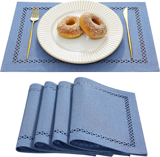 Burlap Placemats Set of 4, 12 x 18 Inch Rustic Geometric Hollow Place Mats, Heat Resistant Placemats for Farmhouse Kitchen Table Decor, Blue 4PCS