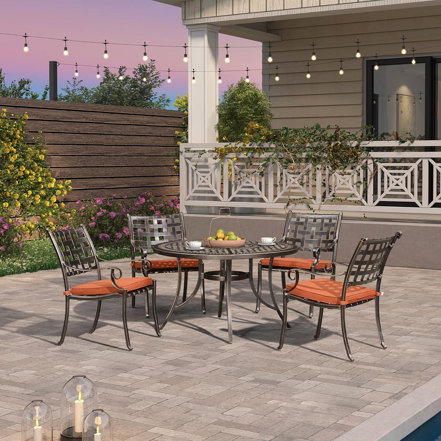 PURPLE LEAF Patio Dining Set Cast Aluminum 5-Piece Patio Furniture Set with 4 Dining Armchairs and 47" Round Table, 4 Cushions Included, for Lawn Yard Garden, Lattice Brick Red Outdoor Dining Set