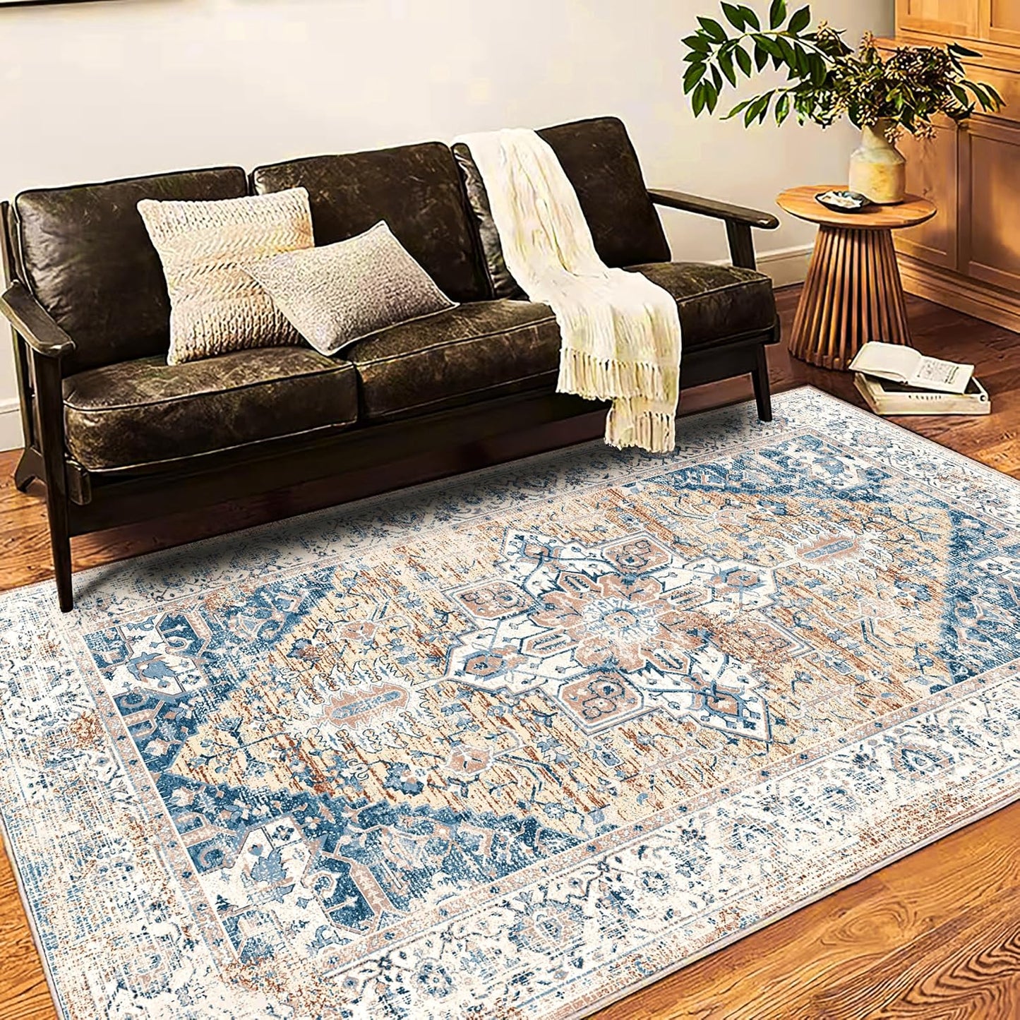 Washable Vintage Area Rug 6x9 Boho Chic Medallion Distressed Design Non-Shedding Easy Care Ideal for High Traffic Areas in Living Room Bedroom Kitchen Office Large Carpet