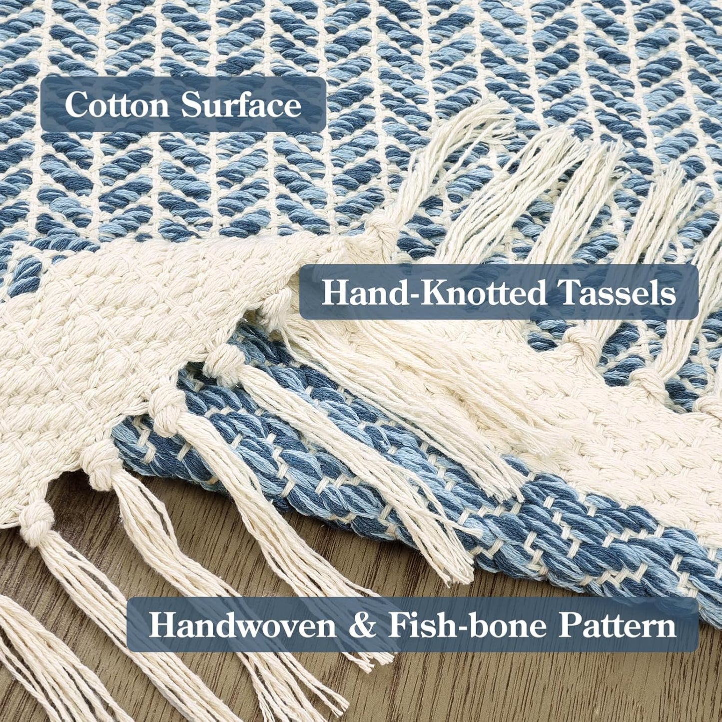 Lahome Boho Kitchen Runner Rugs, 2x6 Laundry Room Rug Lightweight Bathroom Runner Woven Cotton Throw Mat with Tassels, Farmhouse Washable Blue Rug Low Pile Runners for Hallways Entry