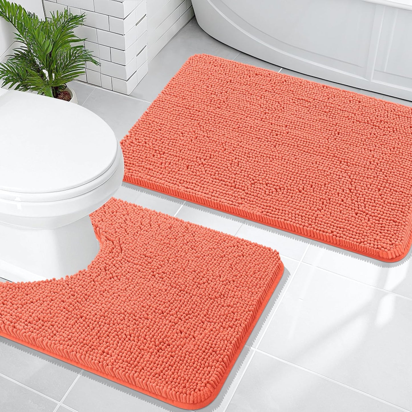 OLANLY Bathroom Rugs Sets 2 Piece, Soft Absorbent Chenille Bath Mats and U-Shaped Contour Toilet Mat Area Rug Set, Machine Washable Bath Carpet, Home Decor Accessories(30"x20"+24"x20", Coral)