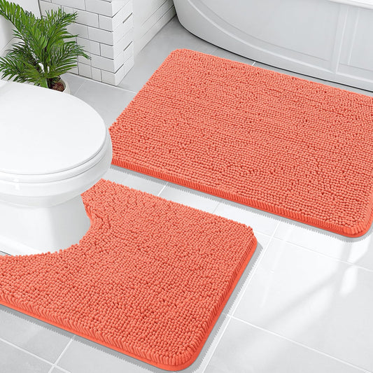 OLANLY Bathroom Rugs Sets 2 Piece, Soft Absorbent Chenille Bath Mats and U-Shaped Contour Toilet Mat Area Rug Set, Machine Washable Bath Carpet, Home Decor Accessories(30"x20"+24"x20", Coral)
